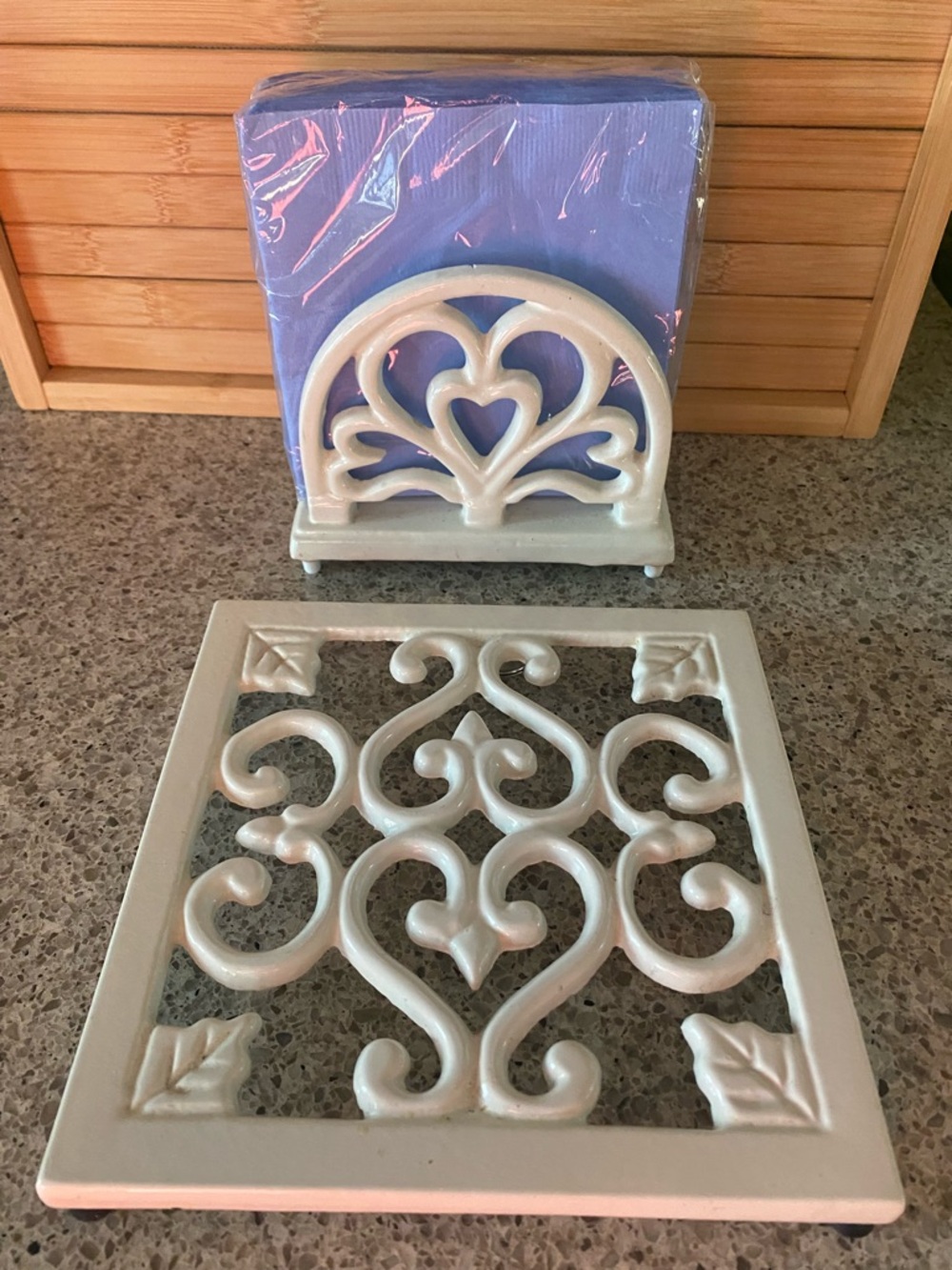 Cast Iron Enamel Decorative Trivet and Napkin Holder Set